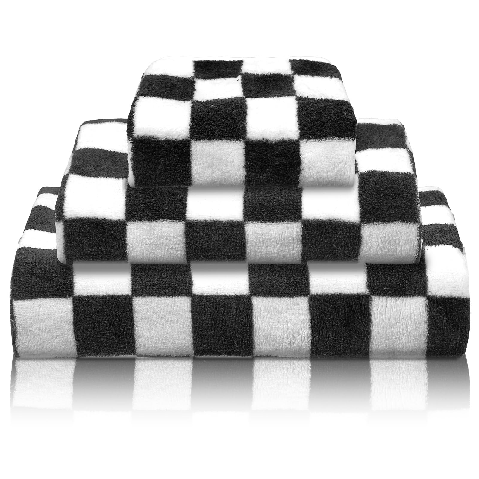Photo 1 of Peryiter 3 Pcs Bath Towels Set Black and White Checkerboard Coral Fleece Bathroom Towel Lightweight Soft Quick Dry Wash Cloth for Home Gym Spa Beach Accessories