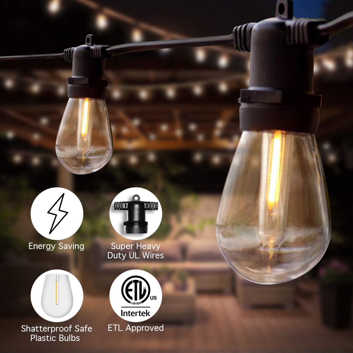 SUNTHIN 48FT LED Outdoor String Light with Shatterproof LED Filament Bulb for Patio Lights, Backyard Lights, Porch Lights, Party Lights and Commercial Lighting - - 