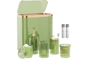 Green Bathroom Accessories Set 8 Pcs, Trash Can with Bags, Glass Bathroom Set Include Soap Dispenser, Toothbrush Holder, Tumb