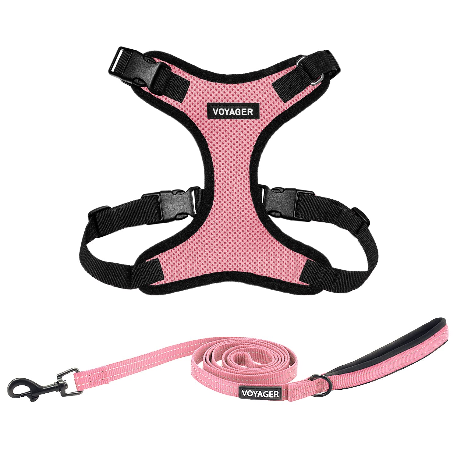 Voyager Step-in Lock Dog Harness w Reflective Dog Leash Combo Set with Neoprene Handle 5ft - Supports Small, Medium and Large Breed Puppies/Cats by Best Pet Supplies - Pink/Black Trim, XS