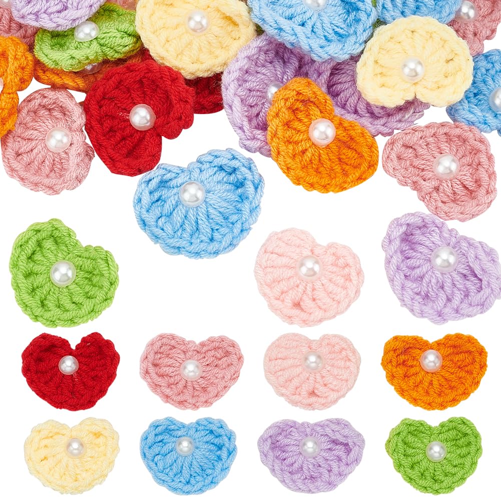 FINGERINSPIRE 32PCS 8 Colors Pearl Crochet Heart Appliques, 2.6x3.2cm Heart Shaped Wool Sew on Crochet Patches, Mini Knitted Handmade Heart Pearl Appliques for DIY Cloth Bag Accessories
