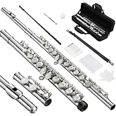 POGOLAB Closed Hole C 16 Keys Flute for Student Beginner, Flute Instrument with Cleaning Kit, Carry Bag, Strap, Probe Rod, Gloves (Nickel)