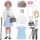 Forfamy Old Lady Costume for Kids 10 Pcs 100 100th Days of School Costume Dress Up Girls Granny Grandma Cosplay Outfits