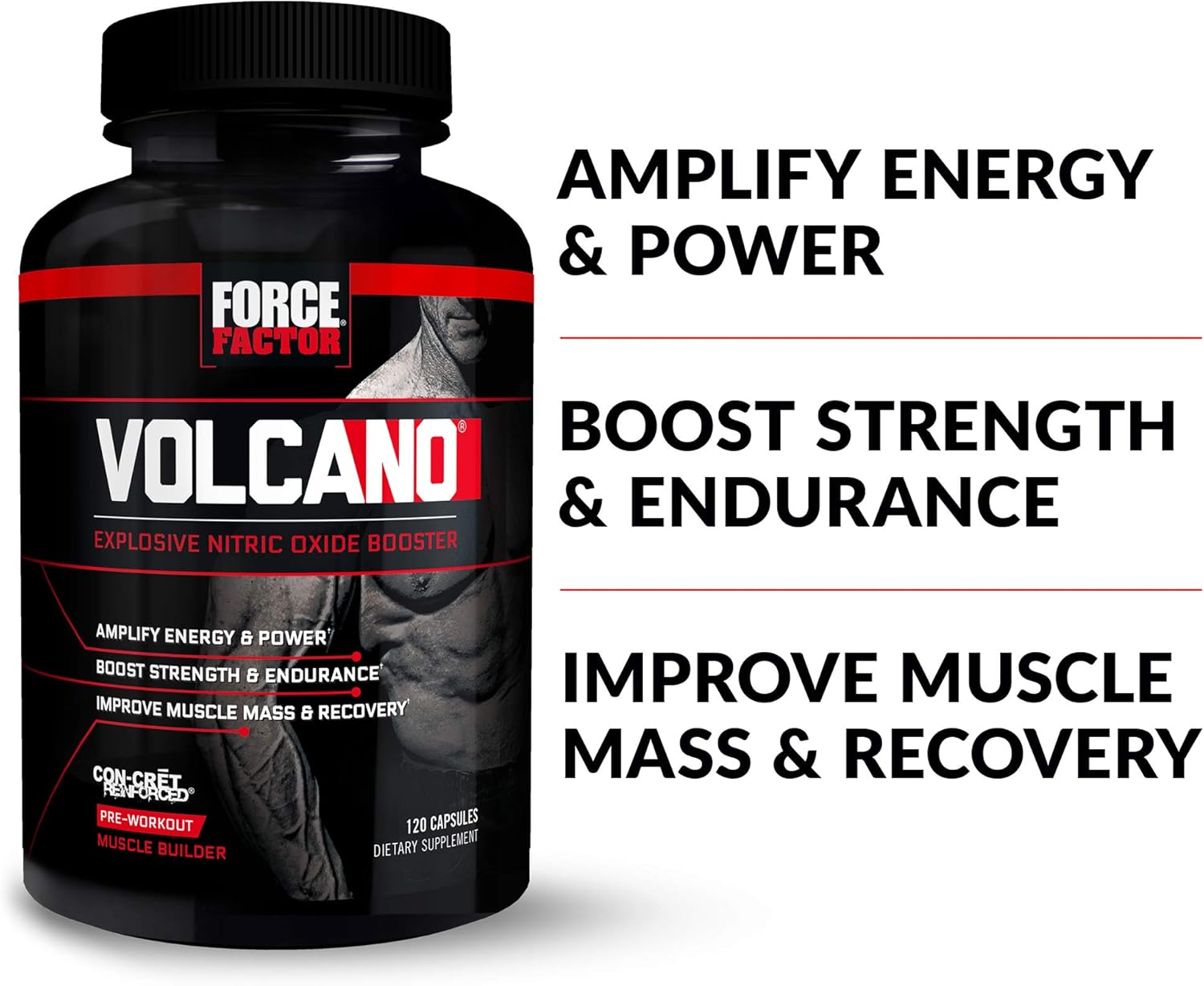 Volcano Pre Workout Nitric Oxide Booster Supplement for Men with Creatine and L-Citrulline to Boost Nitric Oxide and Energy, Build Muscle, Deliver Better Pump and Workout, Force Factor, 120 Capsules: Health & Personal Care