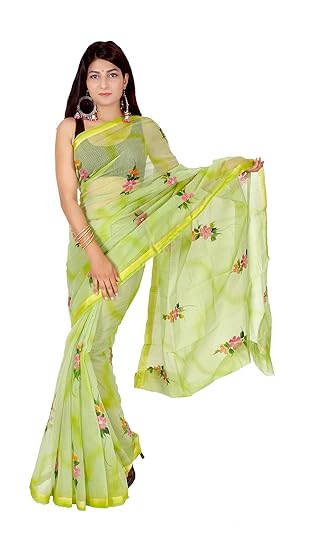 NIKHILAM Womens Kota Doria Saree With Blouse Piece (KDSA_003_Pista Green)