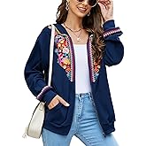 AK Women's Full Zip Long Sleeve Embroidered Sweatshirt Floral Boho Embroidered Mexican Hoodie Fall Winter Coat Tops Jackets