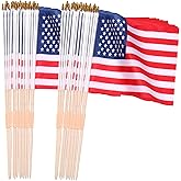 Mindsoft 50 Pack 18 x 12 Inch American Flags on Stick, Handheld USA Flags with Spear Top, Ground Wood Flagpole Pluggable Hand Held Stick Flags for Memorial Day Parades Veteran Party Decorations