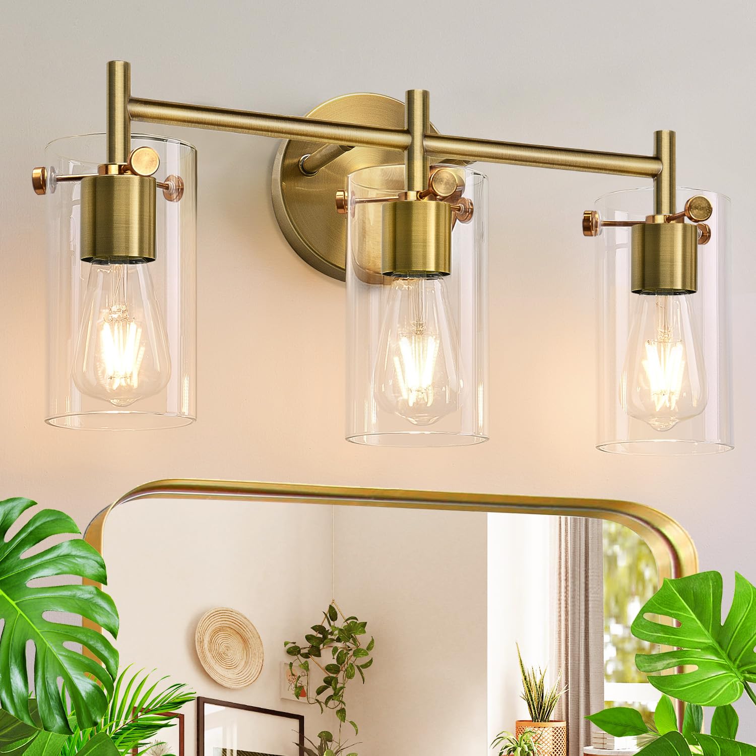 Photo 1 of Indoi Bathroom Light Fixtures 2024 Upgrade, 3-Light Brass Vanity Light, Black Bathroom Lights Over Mirror with Clear Glass Shade, Wall Sconces for Mirror Bedroom Living Room Hallway
