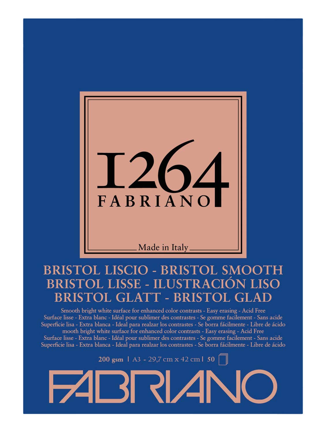 Honsell Fabriano 19100655 Bristol Pad 1264 4-Ply Glued 200 g/m² DIN A3 50 Sheets White Extra Smooth Paper Acid Ideal for All Drying Techniques and Light Wet Techniques