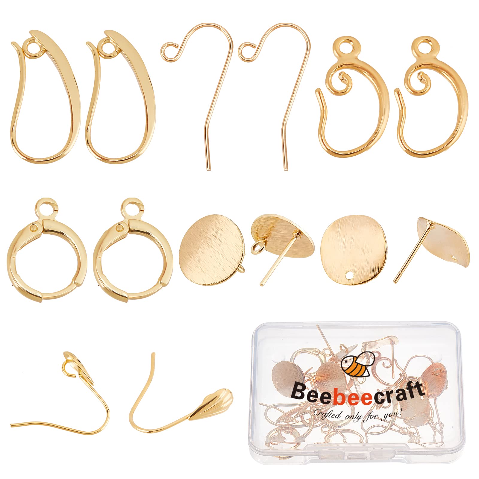 Beebeecraft 28Pcs 7 Style 18K Real Gold Plated Studs Earrings Hooks and Hoops Set with Loop for Women Girl Jewelry Making DIY Crafts
