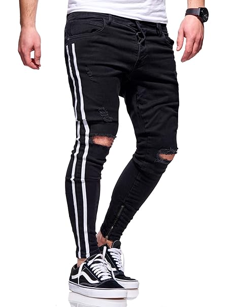 behype. Herren Destroyed Stretch Jeans-Hose im Used-Look mit Side-Stripe 80-0496