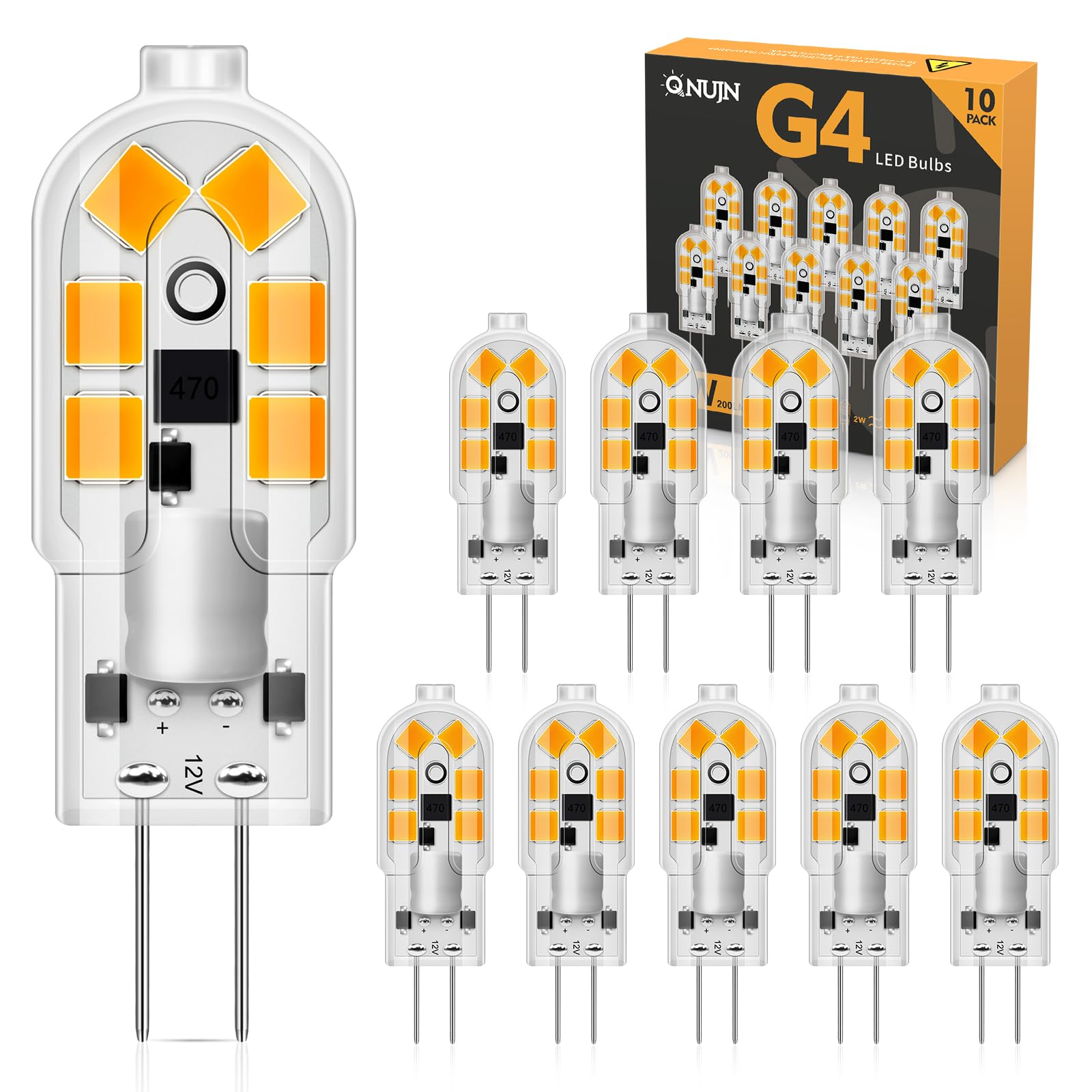 QNUJN G4 LED Bulbs, 2W 12V Light Bulb Warm White 3000K, Equivalent to 20W Halogen Bulb, 200LM, Non-Dimmable No Flicker, Bi-Pin Base Energy Saving Light Bulbs for Lighting Decor, Chandelier, 10 Pack