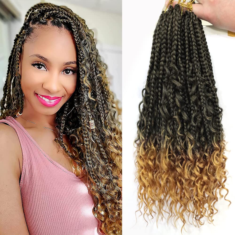 Ainimiu 8Packs Goddess Box Braids Crochet Hair With Curly Ends 14inch Pre-looped Bohomian Crochet Box Braids Synthetic Braiding Hair Extensions (14 Inch, T27#), 400.0 gram — image 1
