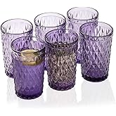EVEREST GLOBAL Purple Highball Drinking Glasses set of 6 Colored Glass cups 11oz Embossed with Geometric Diamond Pattern Solid Color Vintage Water for Tea Juice and More