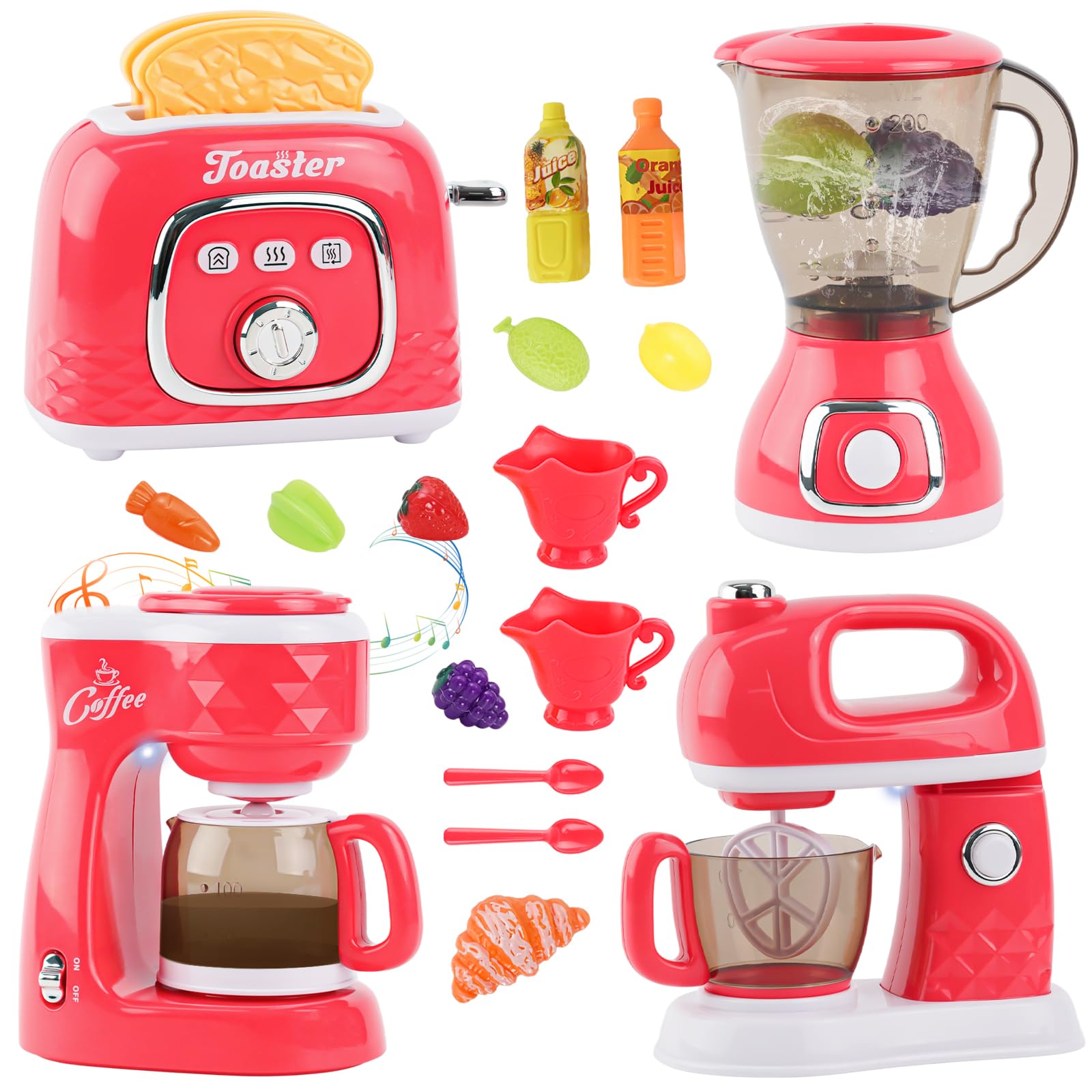 Pretend Play Kitchen Appliances Toy Set with Realistic Sounds Role Pretend Play Kitchen Accessories Set with Coffee Maker Machine,Blender, Mixer and Toaster for Kids Toddlers Boys Girls Ages 3+