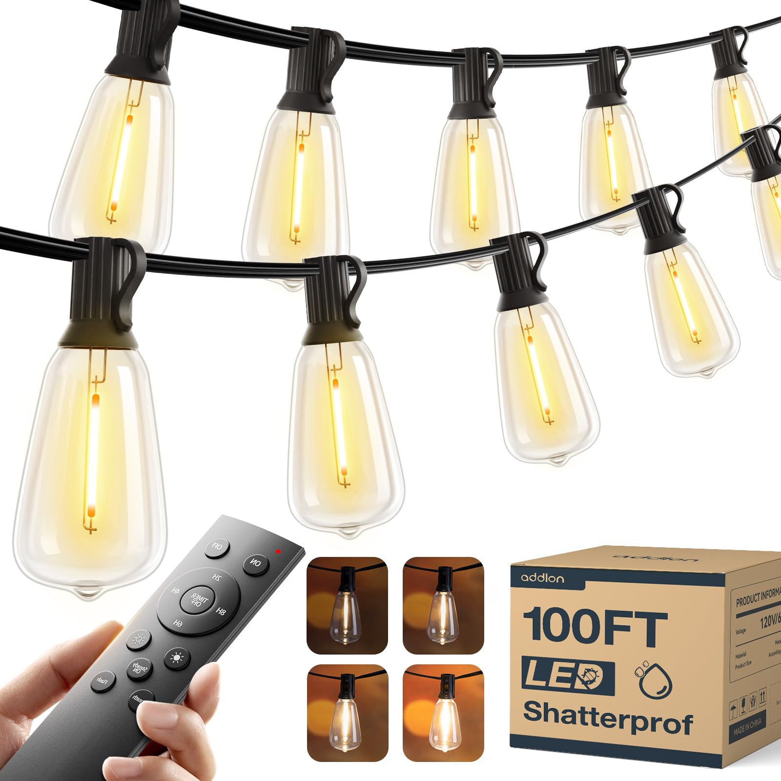 Photo 1 of addlon 100FT LED Outdoor String Lights with Remote Waterproof Patio Lights with Shatterproof ST38 Replaceable Bulbs, Dimmable Outside Hanging Light Connectable for Porch, Backyard, 2200K