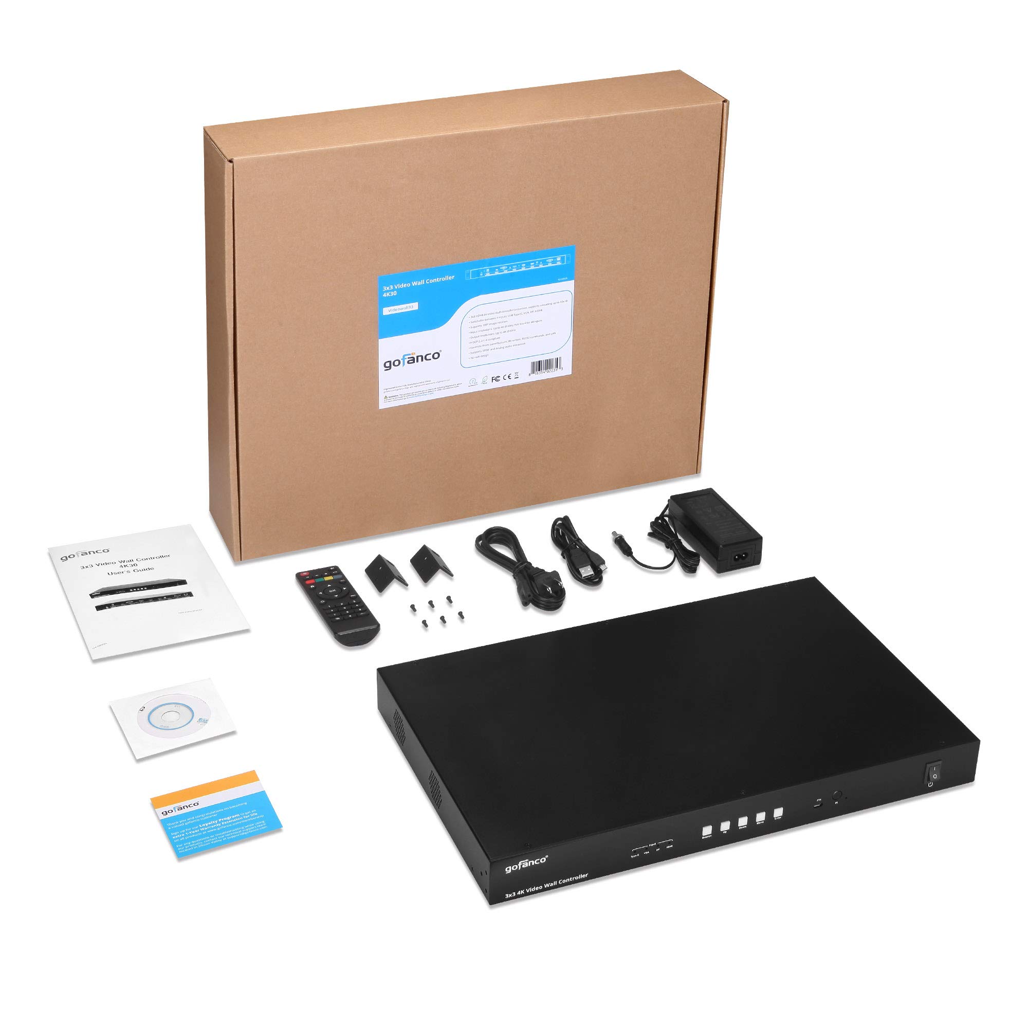 gofanco 4K 3x3 Video Wall Controller and Processor – up to 4K 30Hz, Inputs (USB-C, VGA, DP, HDMI) - 180º Rotate, Edge Correction, 1U, Audio Extractor - 25 Modes, Cascade up to 10x10 (Videowall33)