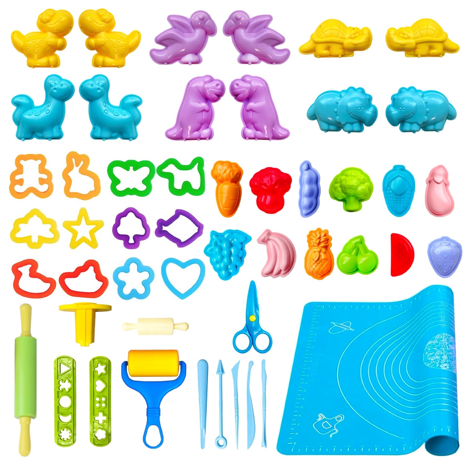 VAIYNWOM Dough Tools and Cutters, 47 Pieces Modelling Clay Accessories Rolling Pin Scissors, Molds for Making Dinosaur Fruits & Vegtables, with Kneading Mat & Storage Bag, Style A — image 1