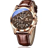 OLEVS Men's Chronograph Quartz Watches, Leather Strap Gold Case with Day Date, Waterproof Stainless Steel Wrist Watch, Luminous Hand Analog Watches for Men, Brown/Black/Blue/White Dial