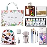 Mini Wooden Watercolor Paint Set - Pocket Travel Art Kit with 12 Colors, Portable Palette with Brushes, Clip, Sketchbook, Wristband, Cup, Storage Bag & Bookmarks, Gift for Art Lovers Artists