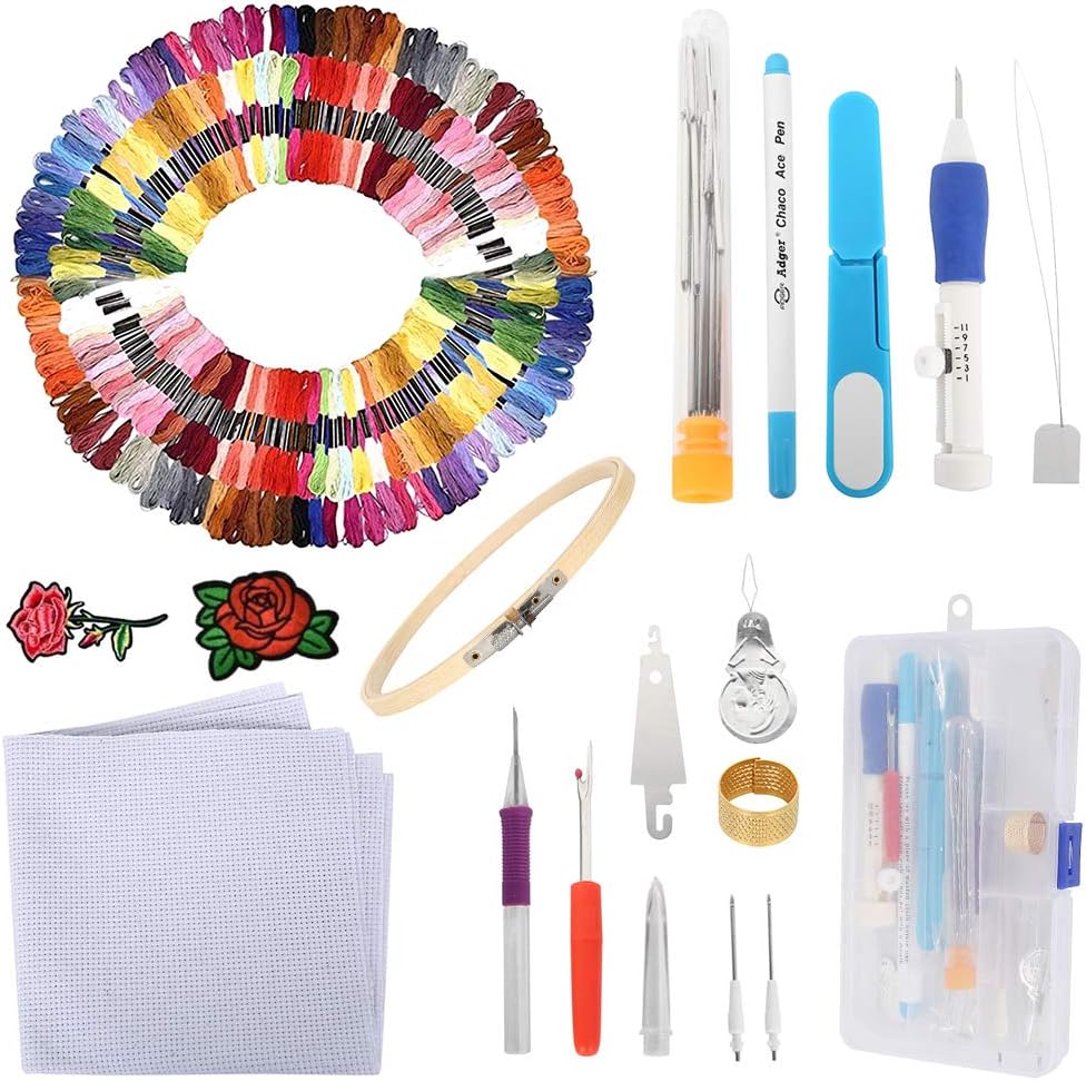 85 pcsEmbroidery Pen Kit, Embroidery Pen Punch Needle Craft Tool Set Including 50 Color Threads,Scissors,Pen,Embroidered Cloth Disconnector Release and More for DIY Sewing Cross Stitching