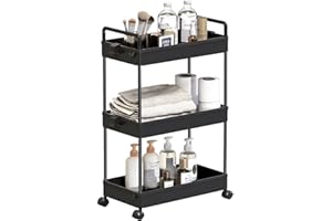 SOLEJAZZ 3 Tier Rolling Storage Cart with Wheels Slim Craft Nail Makeup Snack Art Baby Utility Cart Organizer on 2 Lockable Wheels for Bathroom Laundry Room Kitchen Bedside Narrow Spaces, Black