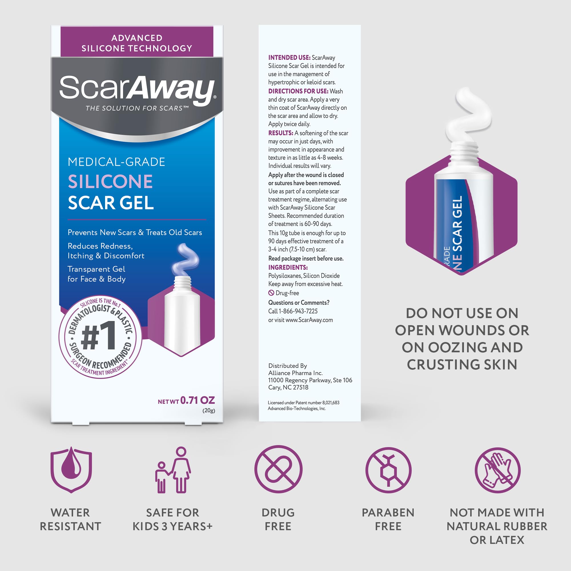ScarAway Silicone Scar Gel, Helps Improve Size, Color & Texture of Hypertrophic & Keloid Scars from Injury, Burns & Surgery, Water Resistant, 10g (0.35 Oz)