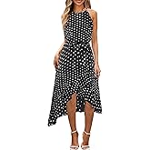 ECOWISH Polka Dot Women Summer Dress Midi A Line Ruffle High Low Sleeveless Boho Floral Halterneck Cocktail Tie Knot Sundress