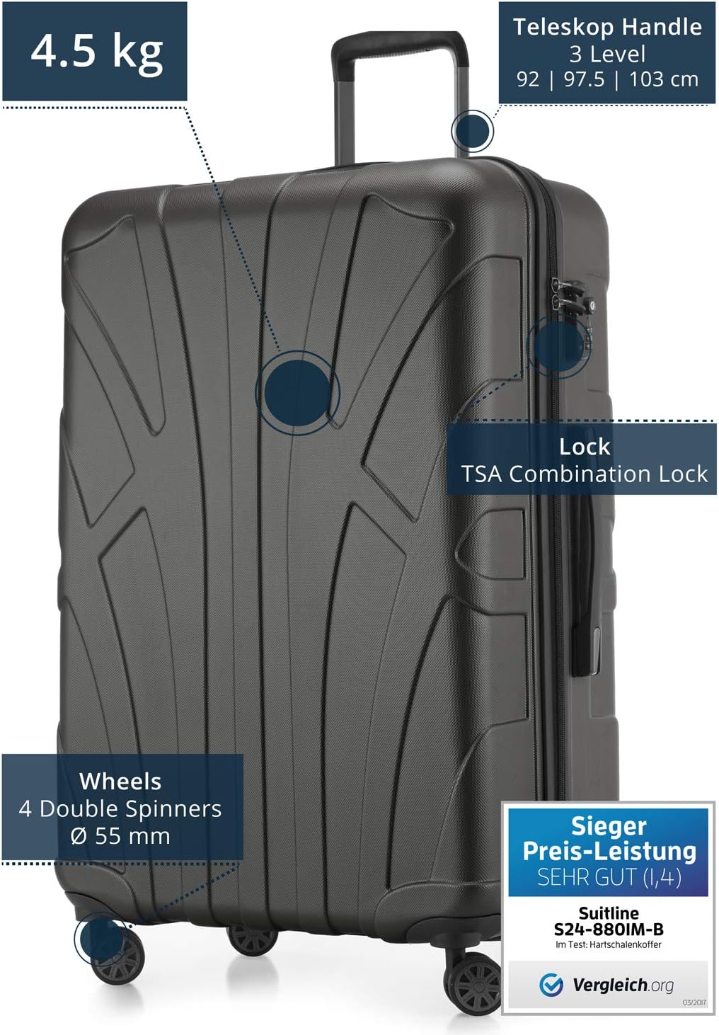 Suitline - Hardshell Suitcase, Travel Luggage, TSA, 76 cm, Approx. 96 liters, 100% ABS mat, Graphite, 75 cm (L) - Image 3