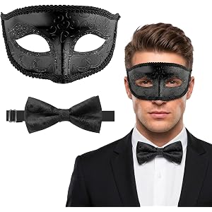 Njiwkiw Masquerade Mask for Men, Mens Masquerade Mask with Bow Tie, Black Masquerade Mask for Masquerade Party, Costume Parti