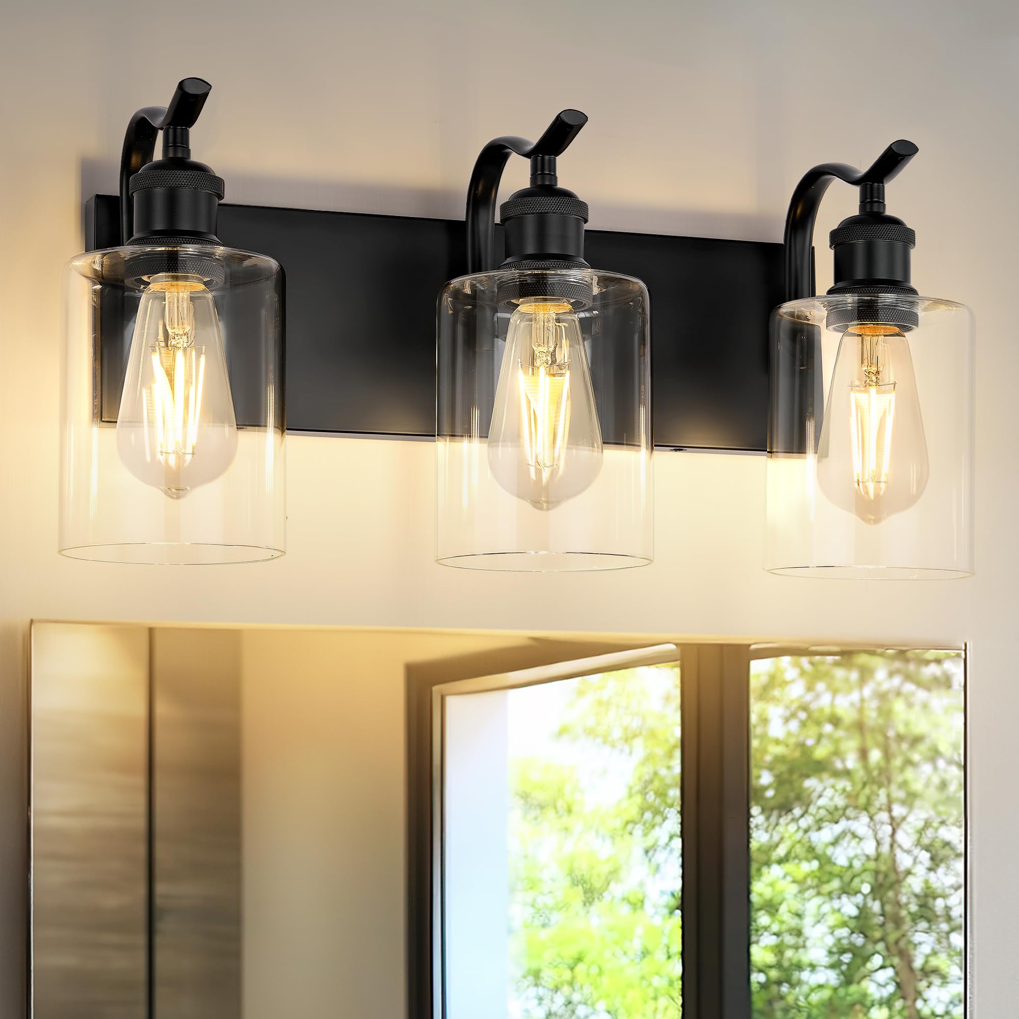 Photo 1 of JAZAVA 3-Light Black Bathroom Light Fixture Over Mirror, Modern Vanity Light, Clear Glass Wall Sconce, VL01BK-3