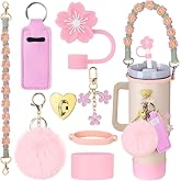 Mity rain 8PCS Cup Accessories for Stanley Cup 30oz 40oz Tumbler with Handle, Including Water Bottle Handle Strap, Chapstick Holder, Boot, Charms, Straw Topper Cover Cap for Stanley（ Pink Green