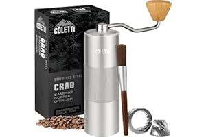 COLETTI Crag Manual Coffee Grinder — Hand Coffee Grinder — CNC Burr Precision Hand Grind, Heavy Duty for Travel, Camping, Hiking & Adventure – Includes Brush [Silver Coat]