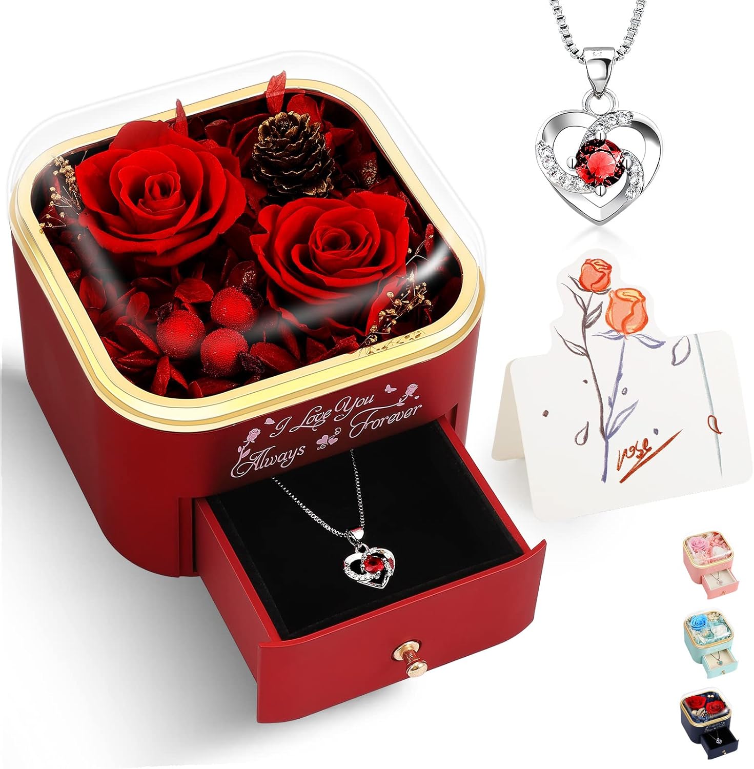 Dried & Preserved Flora - Preserved Red Real Roses with Necklace Gifts for Her - I Love You Gifts for Women, Eternal Love Gifts for Girlfriend Wife Mom Daughter on Birthday, Anniversary and Special Occations.
