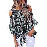 Chuanqi Womens Cold Shoulder Blouse Bell Sleeve Tie Knot Casual Summer Shirt Tops