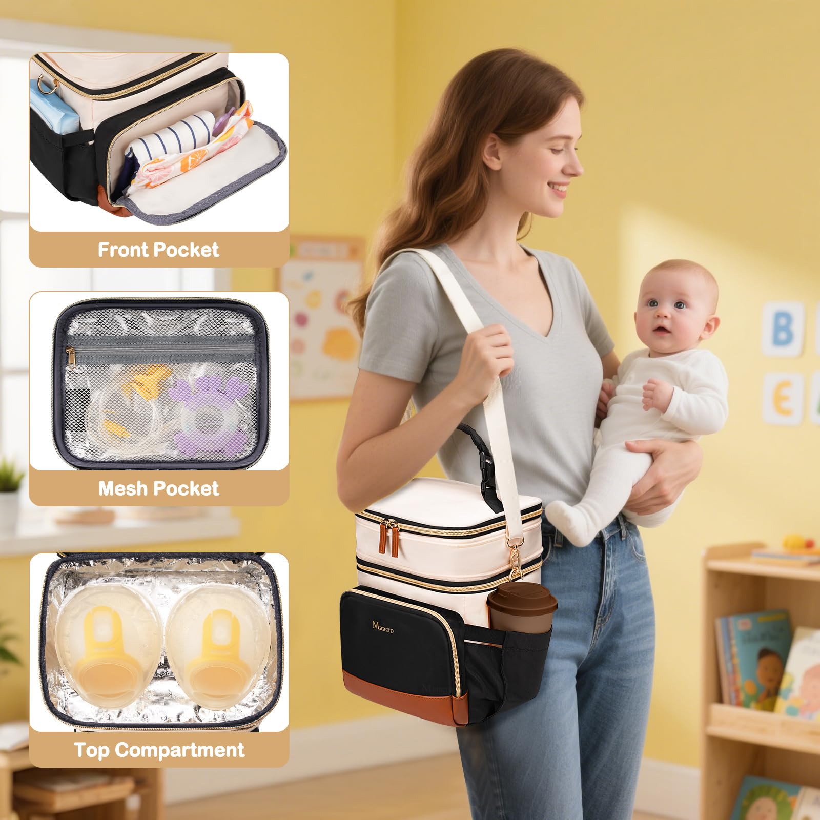 Mancro Expandable Breast Milk Cooler Travel Bag with Ice Pack, Double Layer Baby Bottle Bag Fits 6 Bottles Up to 9 Ounce, Breastmilk Cooler Bag with Shoulder Strap for Nursing Moms & Daycare