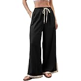 Lentta Womens Linen Wide Leg Pants Side Striped Palazzo Pants Beach Pants with Pockets Lounge Vacation Outfits