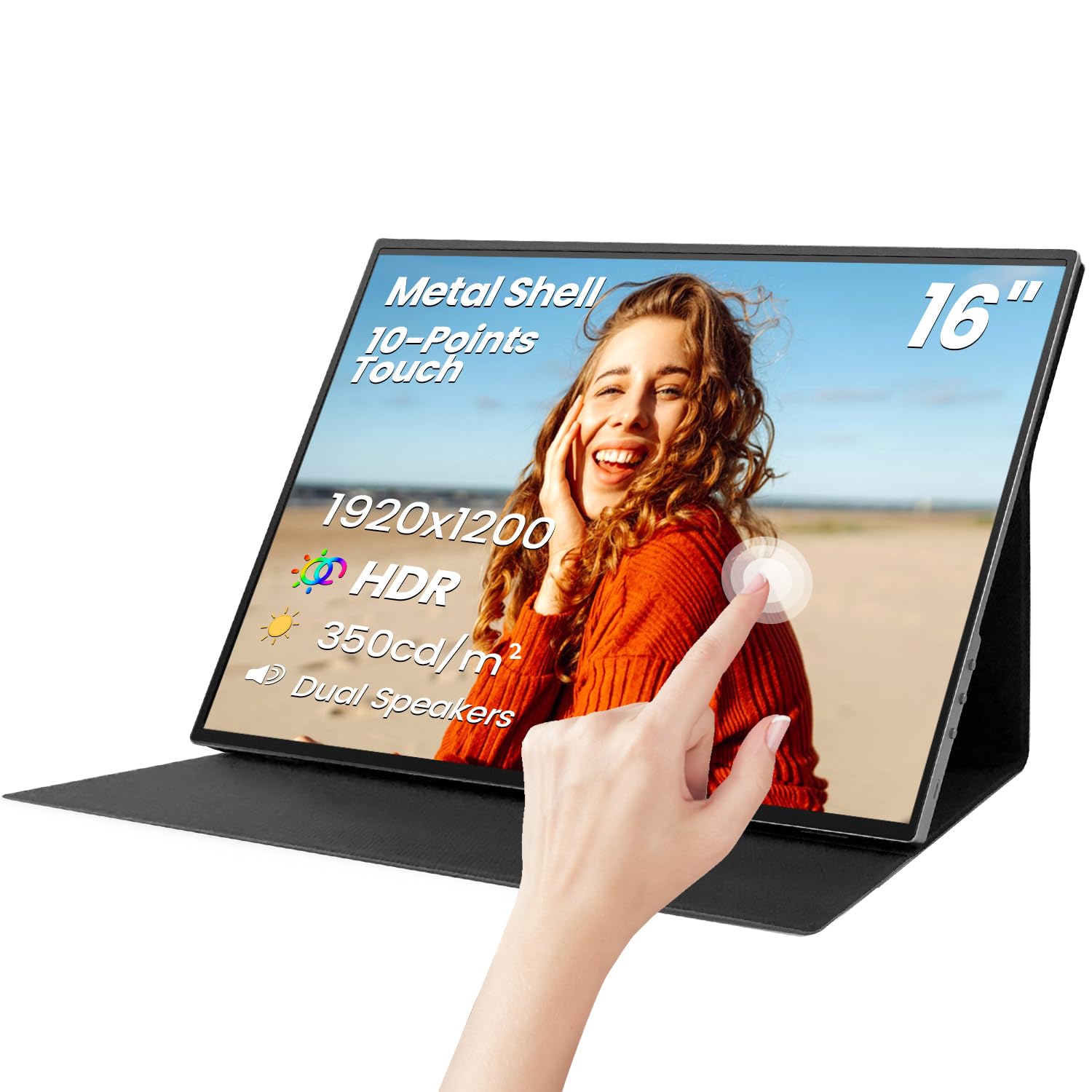 Photo 1 of 16 Inch Touchscreen Portable Monitor, HDR10, Metal Shell Travel Screen with Smart Cover and Speakers, IPS 1920x1200P External USB-C HDMI Secondary Touch Display for Laptop/PC/Game Console/Phone