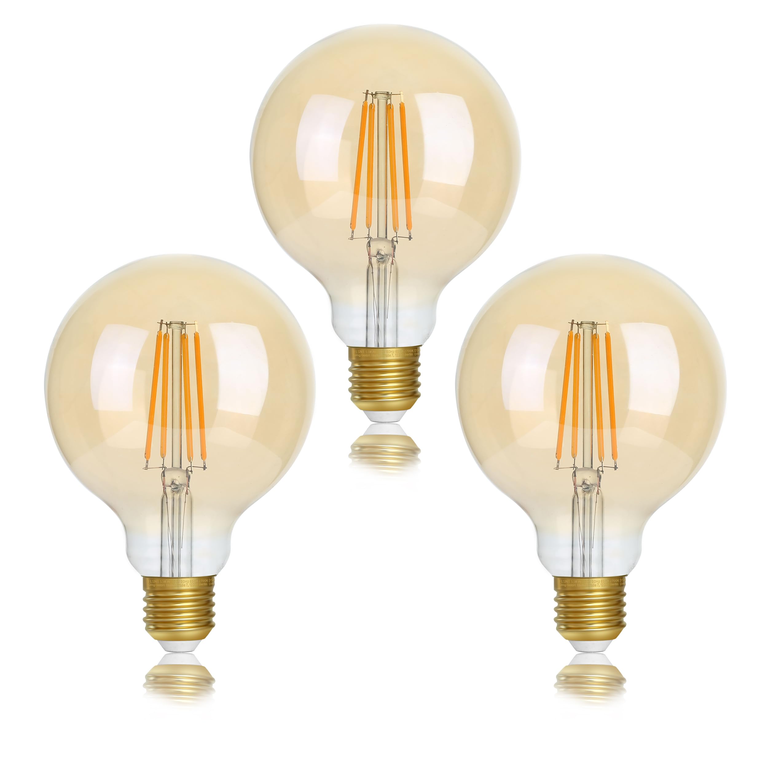 FLSNT Dimmable E27 Screw Bulb 40W, G95 LED Filament Edison Screw in Light Bulb, 5.5W E27 Vintage Light Bulbs Warm White 2700K, Amber Glass, Pack of 3 [Energy Class F]