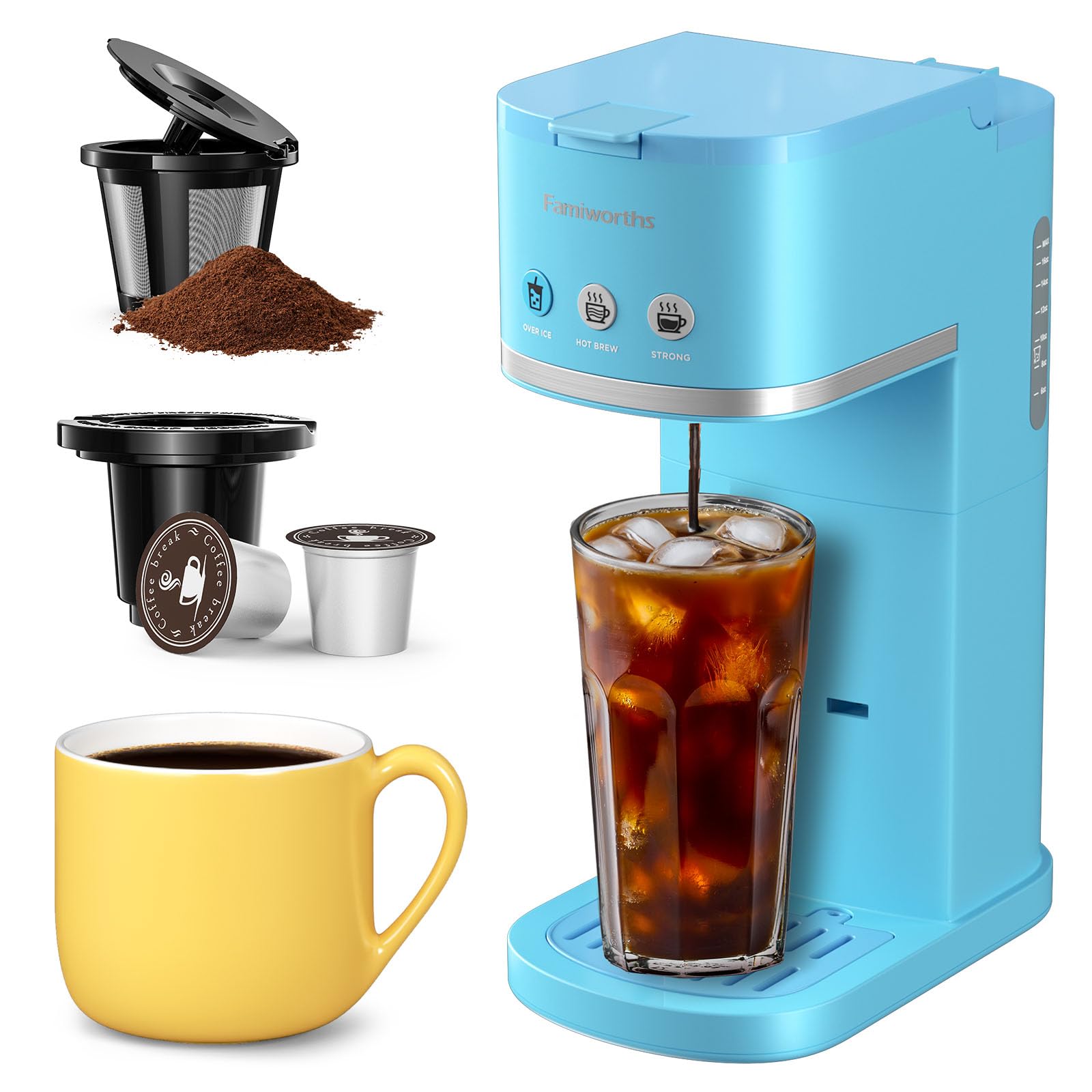 Famiworths Single Serve Coffee Maker For Iced & Hot Coffee - Works With K-Cups & Grounds, 6-14 Oz, Compact For Home Or RV