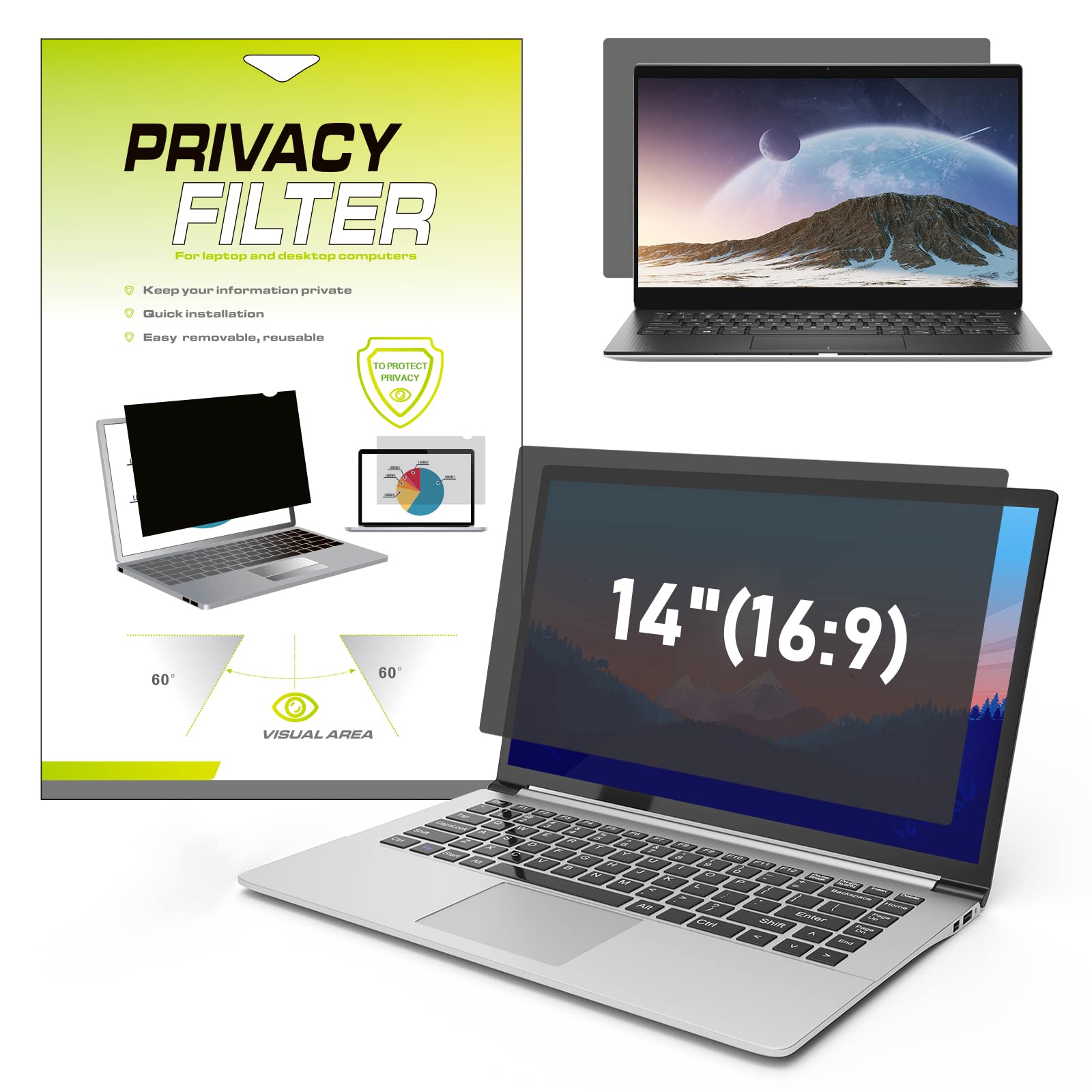 14 inch Laptop Privacy Screen Filter for 16:9 Widescreen Display, Lively Life Anti Glare Screen Protector for Notebook, Laptop Monitor Screen Privacy Filter, UV and Blue Light Filter (14",16:9)
