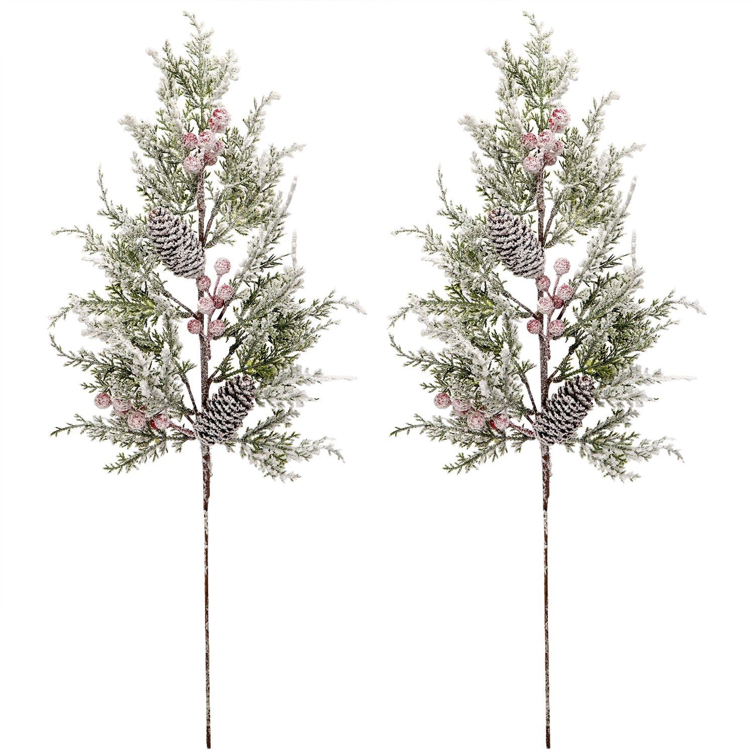 2Pcs Large Christmas Snowy Pine Needle Branches with Berries Pine Cones, 68CM Frosted Christmas Tree Branches Cones Berries Picks Christmas Artificial Pine Stems Picks for Xmas Tree Vase Fillers Decor