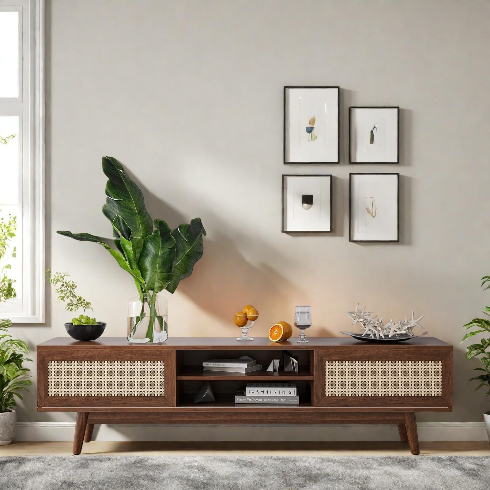 Photo 1 of FONTOI 65" Mid-Century Modern TV Stand for TVs up to 75 Inch, Boho Media Console Entertainment Center with Rattan Doors, 2 Storage Cabinets Open Shelves for Living Room, Walnut