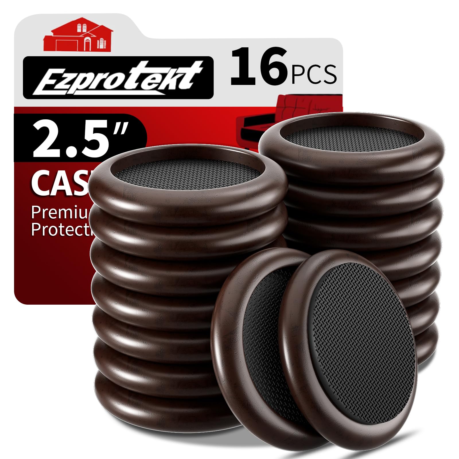 Ezprotekt Φ 63,5 mm Non Slip Wood Furniture Caster Cups, 16 PCS Furniture Pads for Hardwood Floors, 2.5” Sofas Beds Chairs Coasters with Anti-Slide Round EVA Pads -Dark Brown