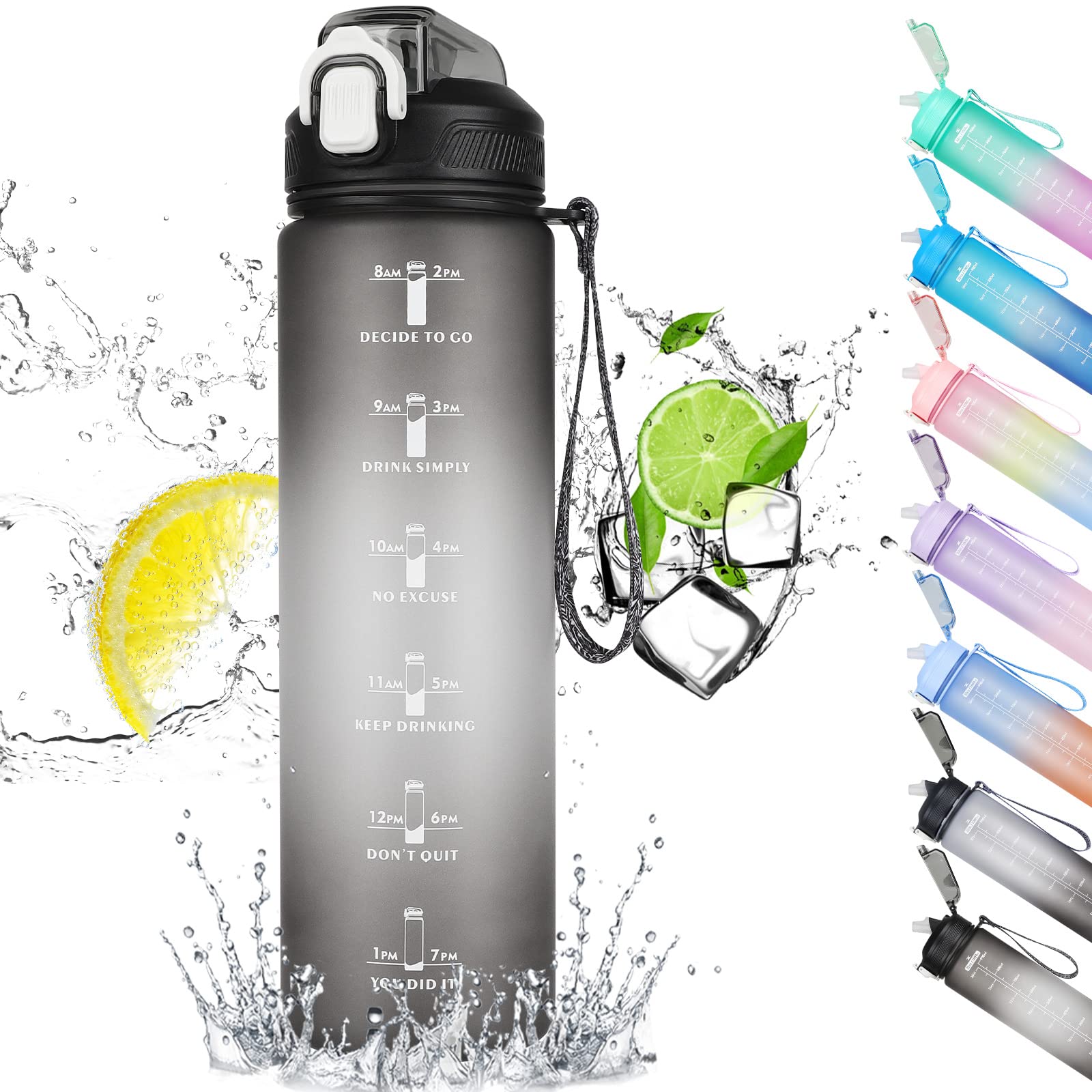 CodiCile 1L Water Bottle, Sports Water Bottle with Straw and Time Markings,Motivational Leakproof 1 litre Water Bottle with BPA Free Lid for Sports Gym Office Running (Gradient Black)