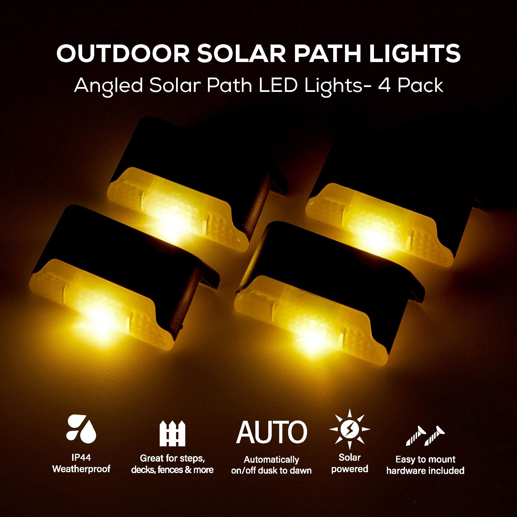 Merkury Innovations Solar Deck Lights Warm White Waterproof LED Solar Lamp for Outdoor Pathway, Yard, Patio, Stairs, Step, Mailbox and Fences (4 Pack)