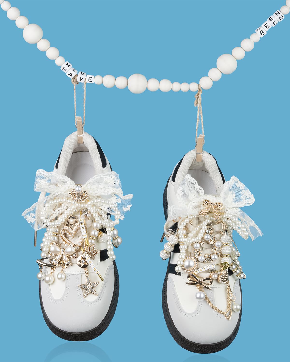 Deinduser Shoe Charms for Sneakers, Junk Socks Charms Kit for Women, Bling Junk Sneaker Charm Set, Gold Shoelace Charm with Pearl Bows and Letters