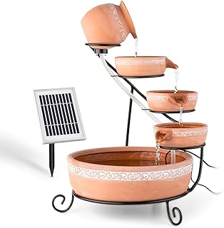 blumfeldt Empoli Gartenbrunnen - Kaskadenbrunnen, Solarbrunnen, 5 Ebenen, Terrakotta Gefäße, Weinlaub Musterung, Umlaufpumpe, 200 Liter/h Durchfluss, 2 Watt Solarpanel, braun