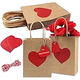 Jangostor 12 Pack Valentines Day Gift Bags with Tags Valentines Kraft Paper Bags Valentines Candy Bags with Handles Heart Love Party Favor Bags for Valentine's Day Wedding Anniversary Birthday Party