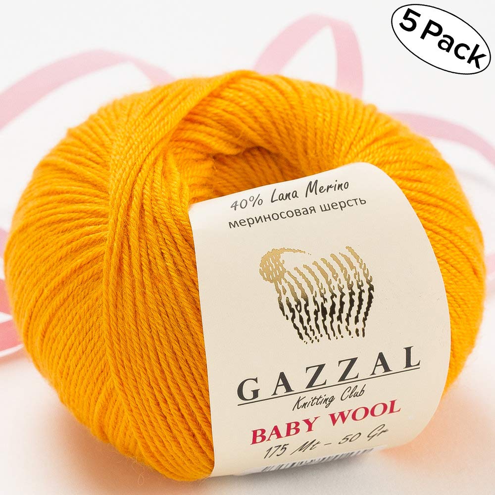 5 Pack - Total 8.8 oz Gazzal Baby Wool 1.76 oz (50g)/218 Yards (200m) Fine Baby Yarn, 40% Lana Merino, 20% Cashmere Type Polyamide, Orange - 837